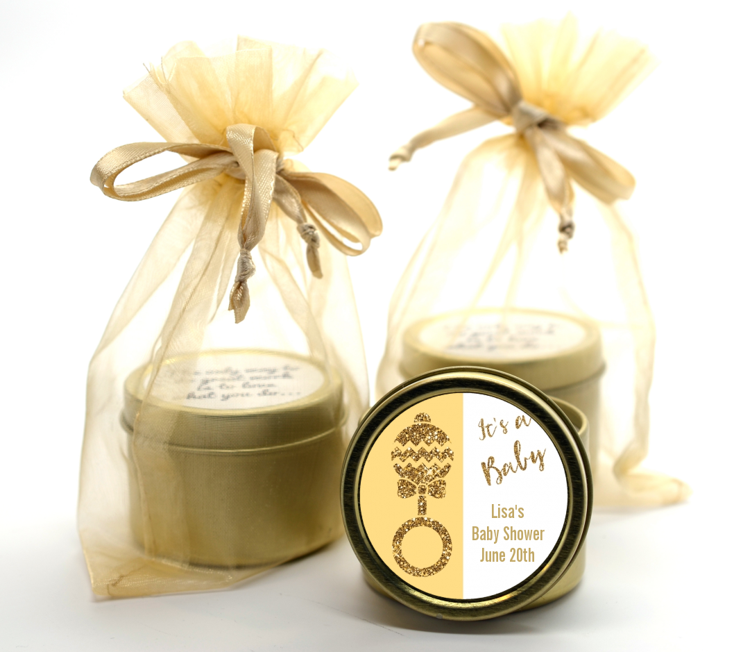 Gold Glitter Baby Rattle - Baby Shower Gold Tin Candle Favors