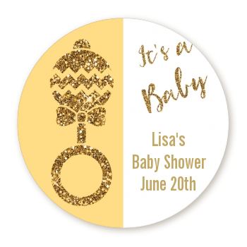 Gold Glitter Baby Rattle - Round Personalized Baby Shower Sticker Labels