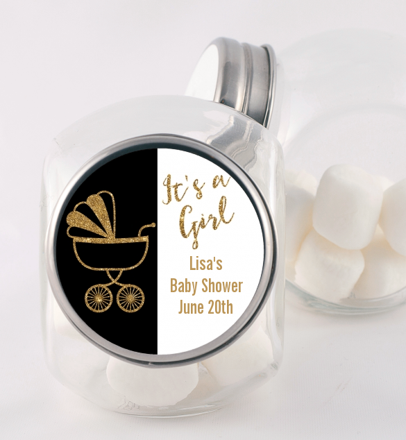 Gold Glitter Black Carriage - Personalized Baby Shower Candy Jar