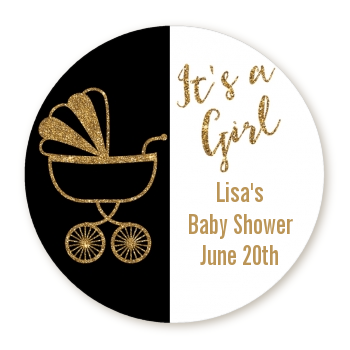 Gold Glitter Black Carriage - Round Personalized Baby Shower Sticker Labels