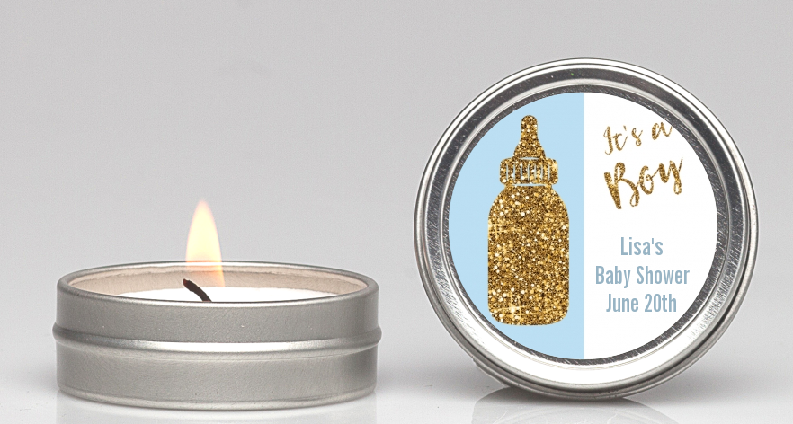 Gold Glitter Blue Baby Bottle - Baby Shower Candle Favors