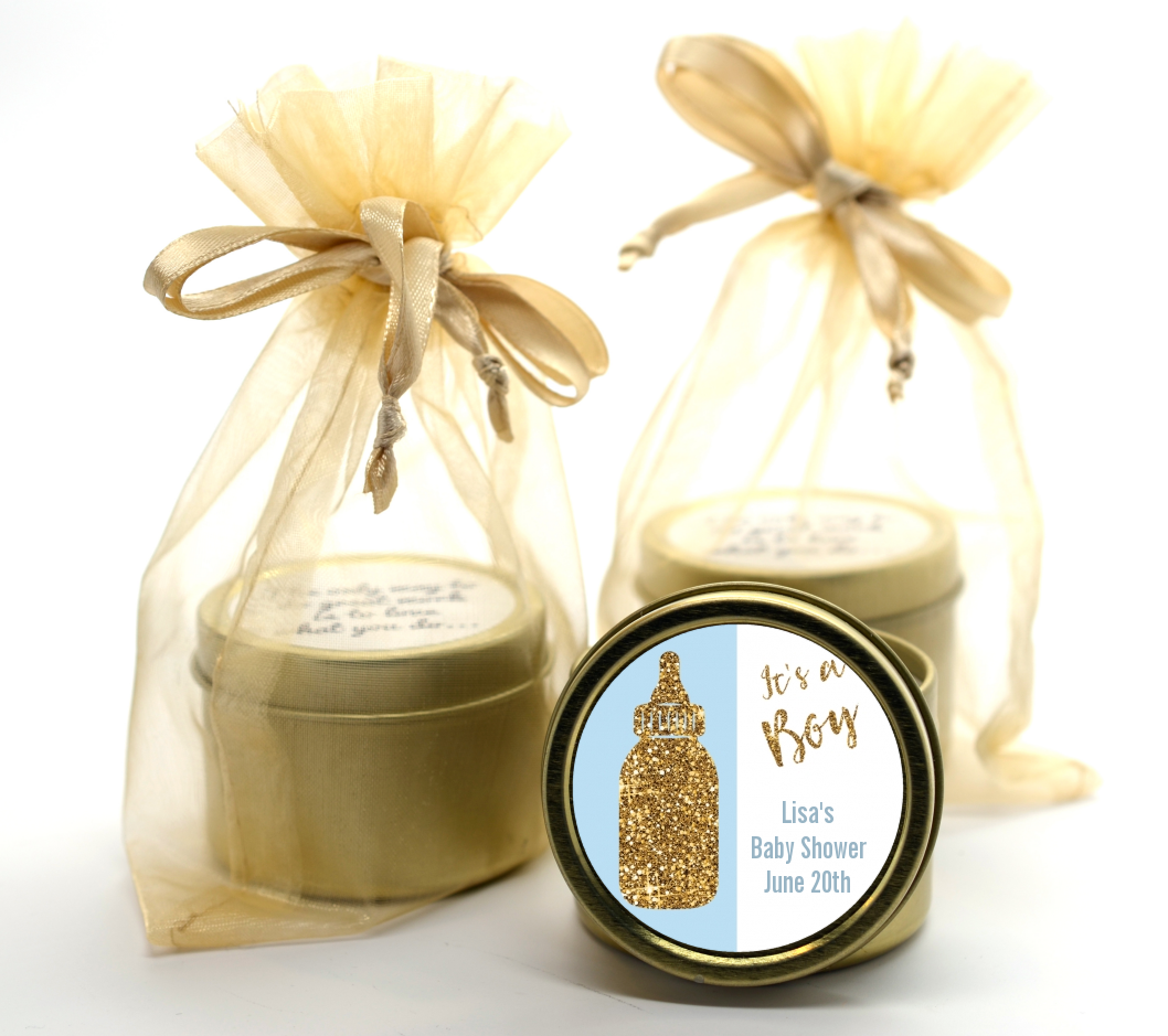 Gold Glitter Blue Baby Bottle - Baby Shower Gold Tin Candle Favors