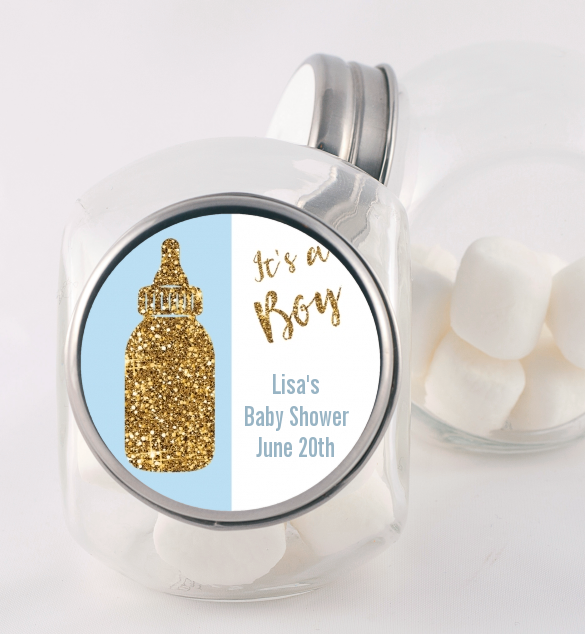 Gold Glitter Blue Baby Bottle - Personalized Baby Shower Candy Jar