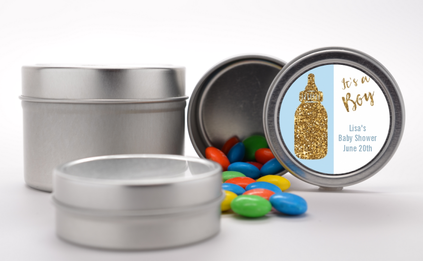 Gold Glitter Blue Baby Bottle - Custom Baby Shower Favor Tins