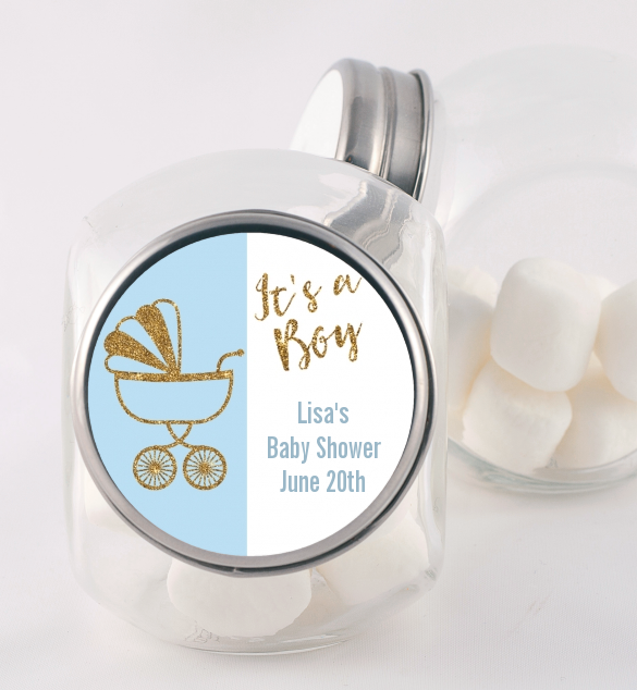 Gold Glitter Blue Carriage - Personalized Baby Shower Candy Jar