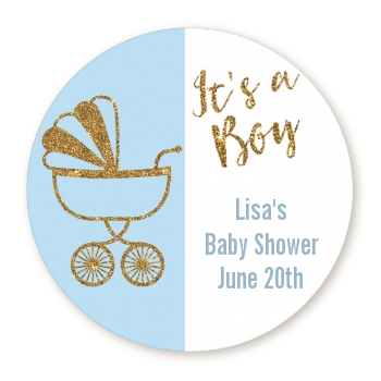 Gold Glitter Blue Carriage - Round Personalized Baby Shower Sticker Labels