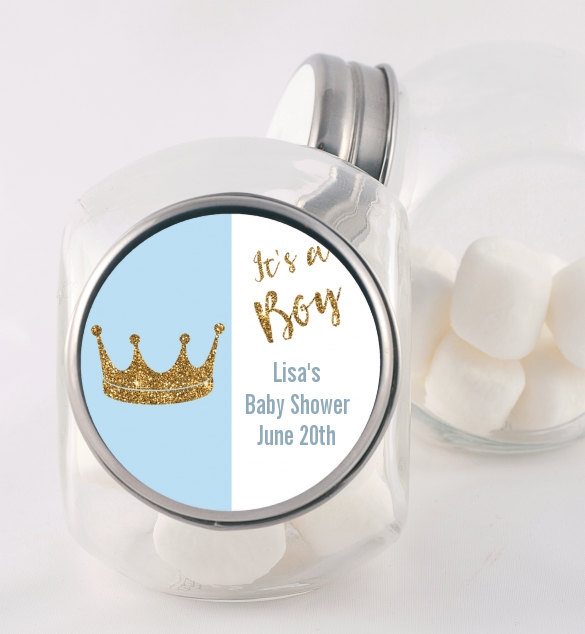 Gold Glitter Blue Crown - Personalized Baby Shower Candy Jar