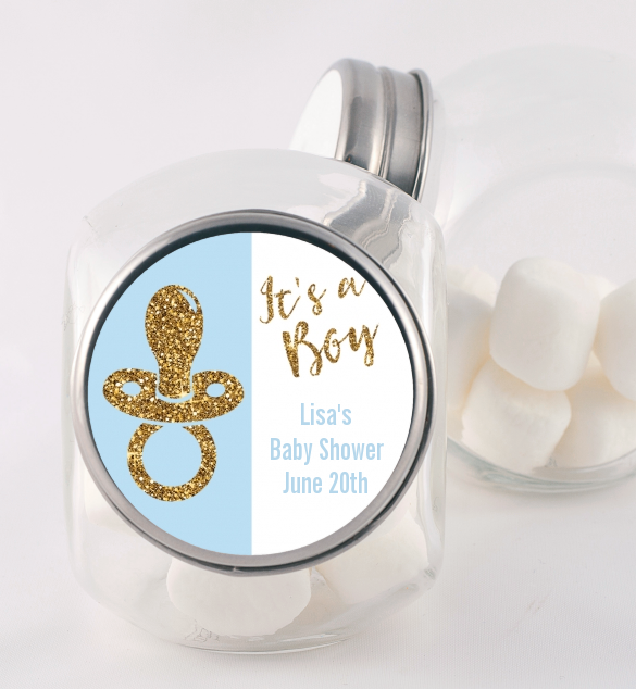 Gold Glitter Blue Pacifier - Personalized Baby Shower Candy Jar