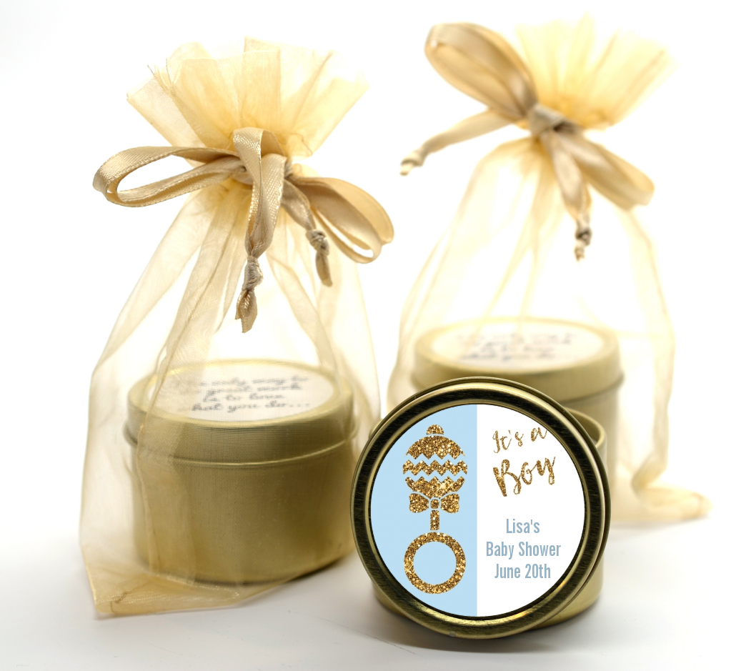 Gold Glitter Blue Rattle - Baby Shower Gold Tin Candle Favors