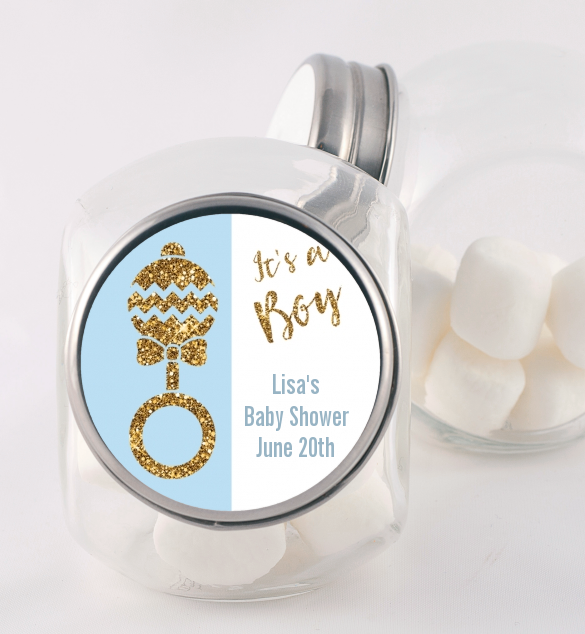Gold Glitter Blue Rattle - Personalized Baby Shower Candy Jar