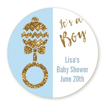 Gold Glitter Blue Rattle - Round Personalized Baby Shower Sticker Labels