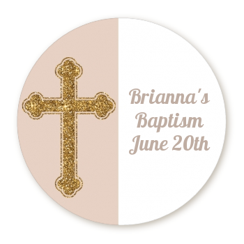 Gold Glitter Cross Beige - Round Personalized Baptism / Christening Sticker Labels