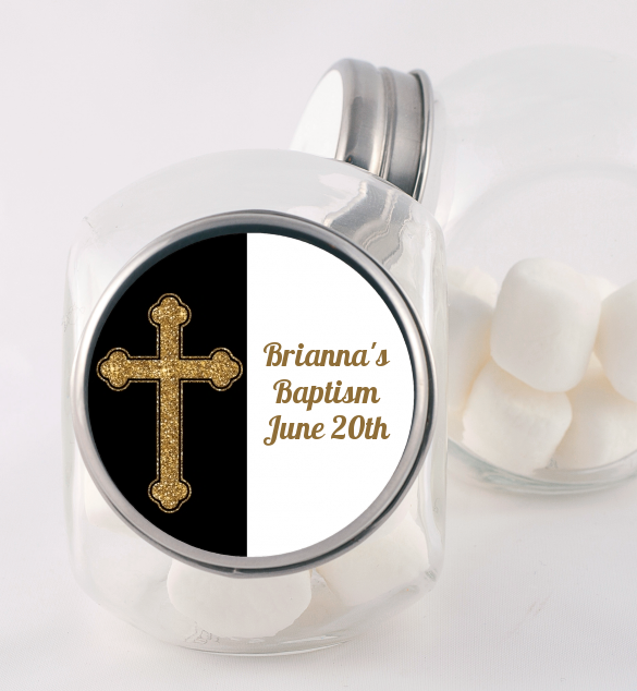 Gold Glitter Cross Black - Personalized Baptism / Christening Candy Jar