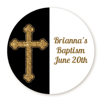 Gold Glitter Cross Black - Round Personalized Baptism / Christening Sticker Labels