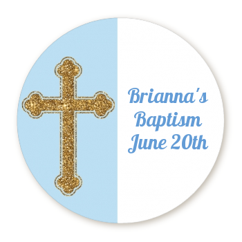 Gold Glitter Cross Blue - Round Personalized Baptism / Christening Sticker Labels