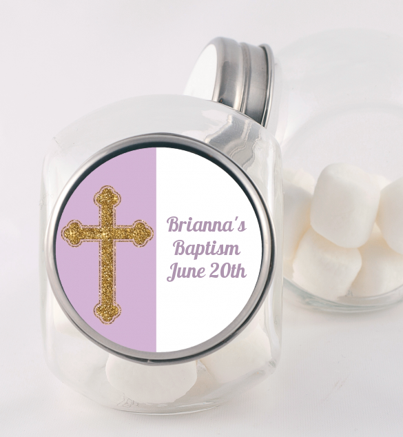 Gold Glitter Cross Lavendar - Personalized Baptism / Christening Candy Jar