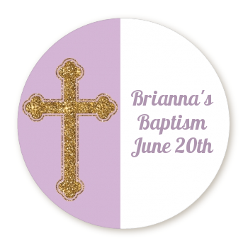 Gold Glitter Cross Lavendar - Round Personalized Baptism / Christening Sticker Labels