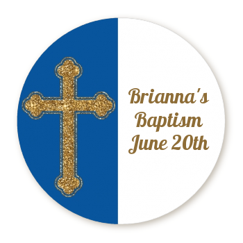 Gold Glitter Cross Navy Blue - Round Personalized Baptism / Christening Sticker Labels