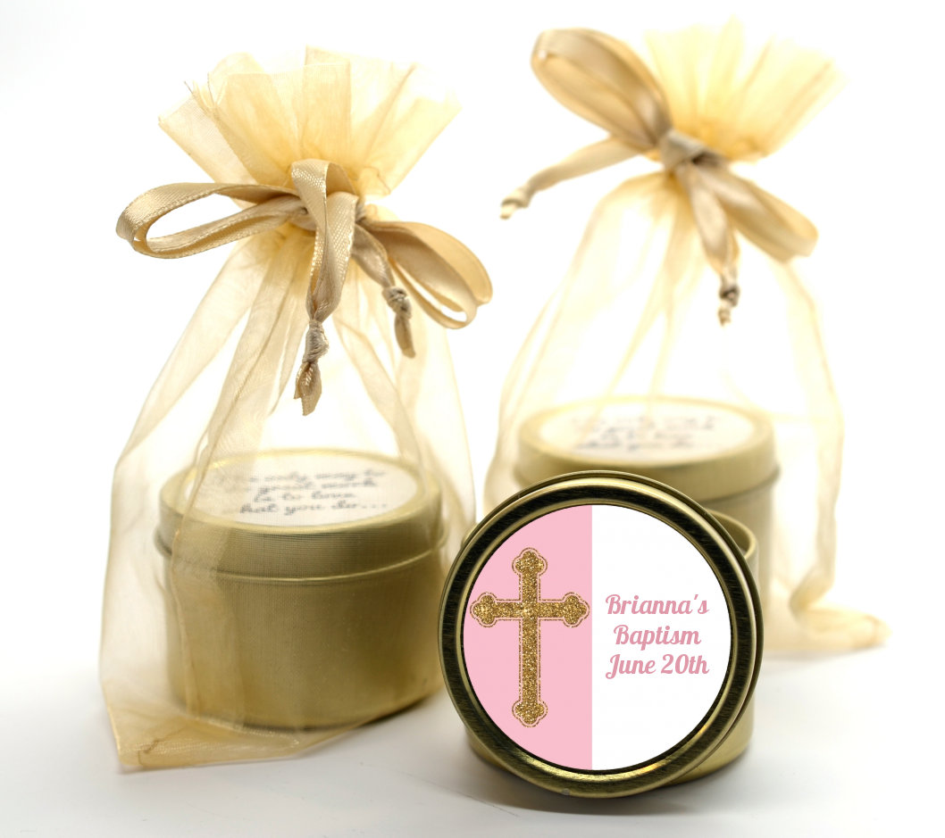 Gold Glitter Cross Pink - Baptism / Christening Gold Tin Candle Favors
