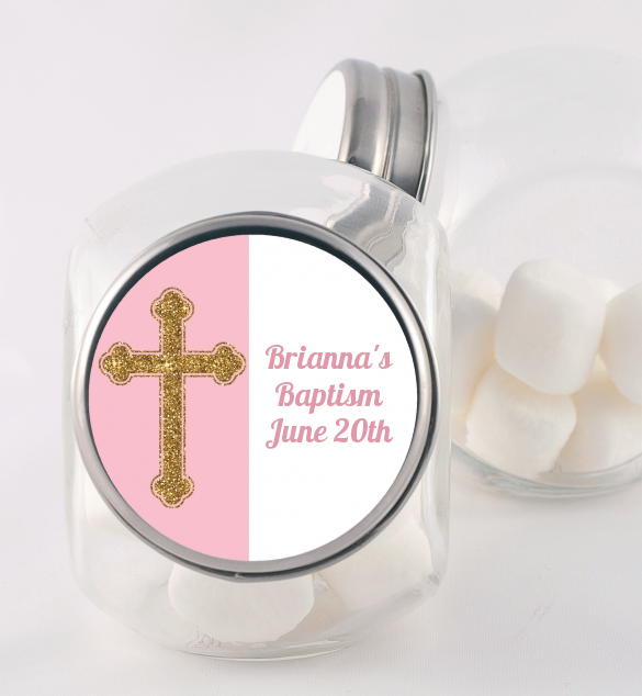 Gold Glitter Cross Pink - Personalized Baptism / Christening Candy Jar