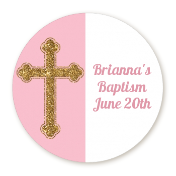 Gold Glitter Cross Pink - Round Personalized Baptism / Christening Sticker Labels