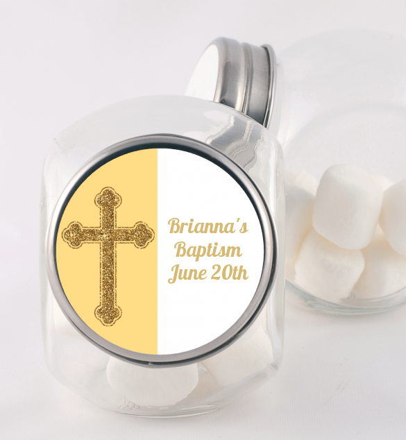 Gold Glitter Cross Yellow - Personalized Baptism / Christening Candy Jar
