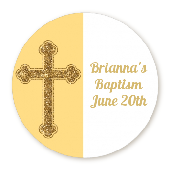 Gold Glitter Cross Yellow - Round Personalized Baptism / Christening Sticker Labels