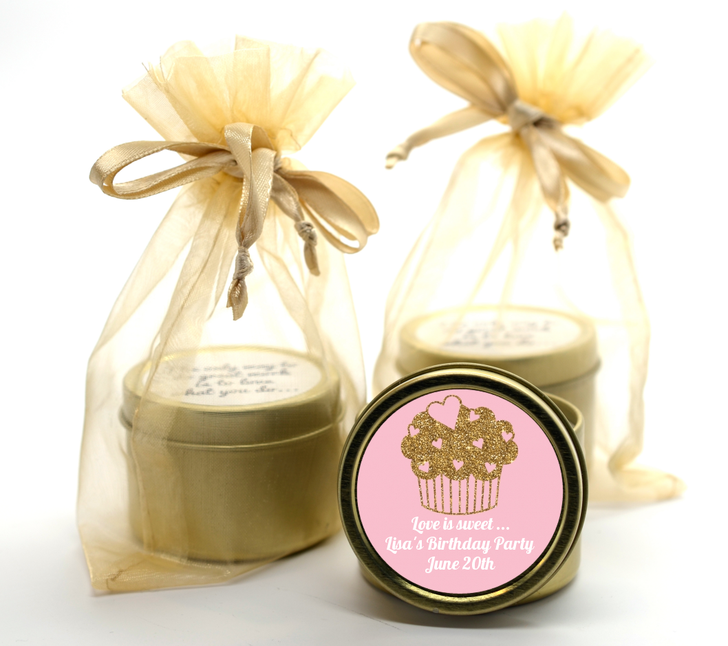Gold Glitter Cupcake - Birthday Party Gold Tin Candle Favors