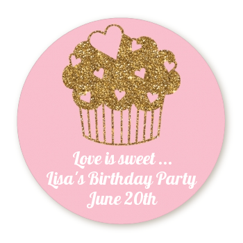 Gold Glitter Cupcake - Round Personalized Birthday Party Sticker Labels