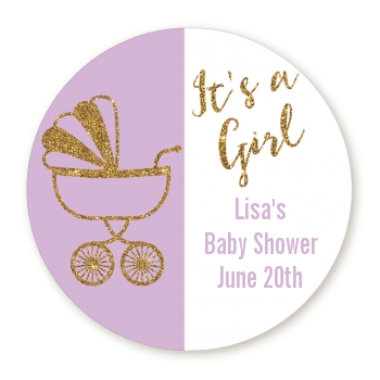 Gold Glitter Lavender Carriage - Round Personalized Baby Shower Sticker Labels