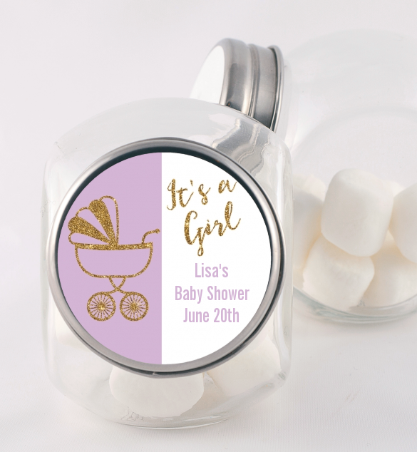 Gold Glitter Lavender Carriage - Personalized Baby Shower Candy Jar