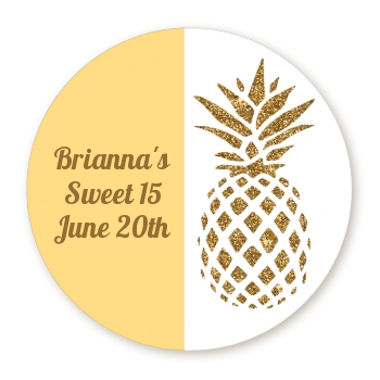 Gold Glitter Pineapple - Round Personalized Birthday Party Sticker Labels