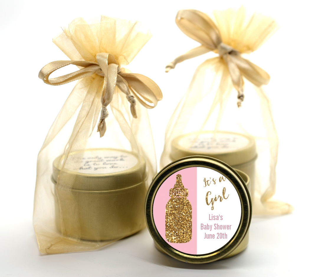Gold Glitter Pink Baby Bottle - Baby Shower Gold Tin Candle Favors