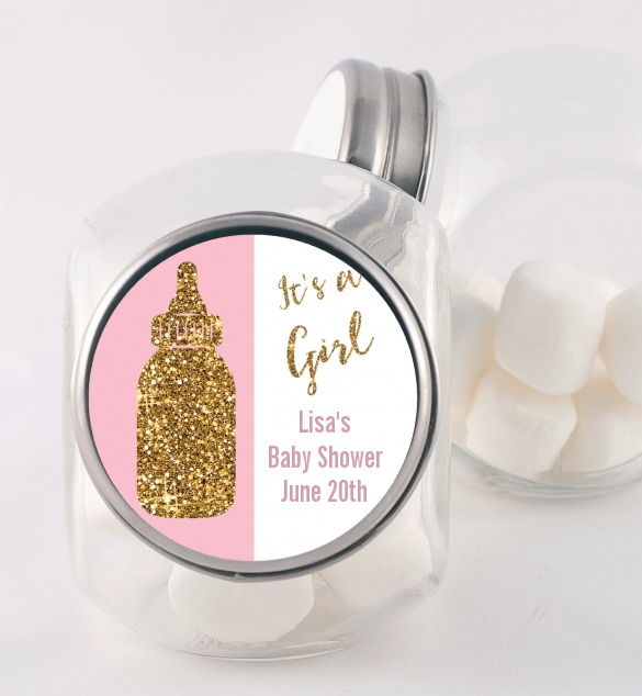 Gold Glitter Pink Baby Bottle - Personalized Baby Shower Candy Jar