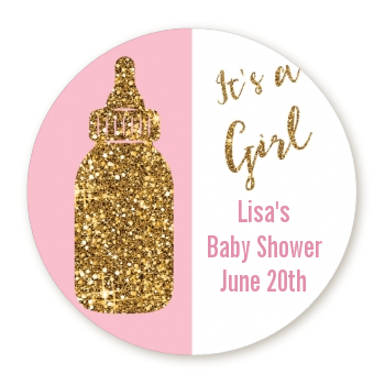 Gold Glitter Pink Baby Bottle - Round Personalized Baby Shower Sticker Labels