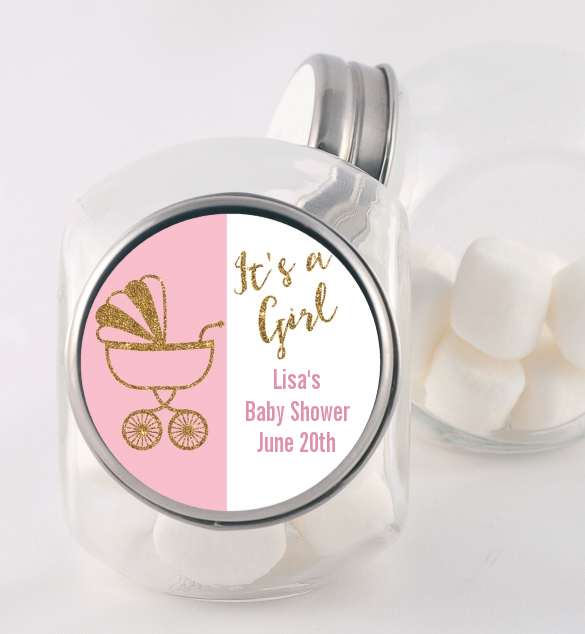 Gold Glitter Pink Carriage - Personalized Baby Shower Candy Jar