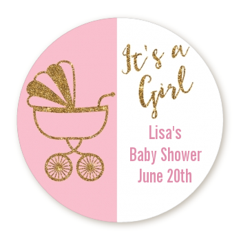 Gold Glitter Pink Carriage - Round Personalized Baby Shower Sticker Labels