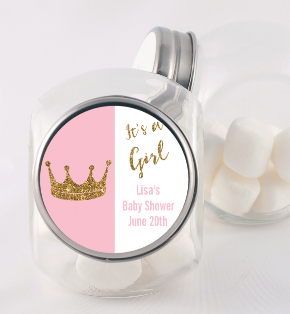 Gold Glitter Pink Crown - Personalized Baby Shower Candy Jar
