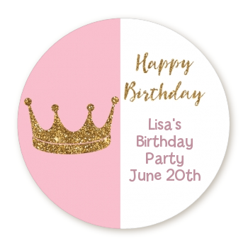 Gold Glitter Pink Crown - Round Personalized Birthday Party Sticker Labels