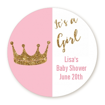 Gold Glitter Pink Crown - Round Personalized Baby Shower Sticker Labels