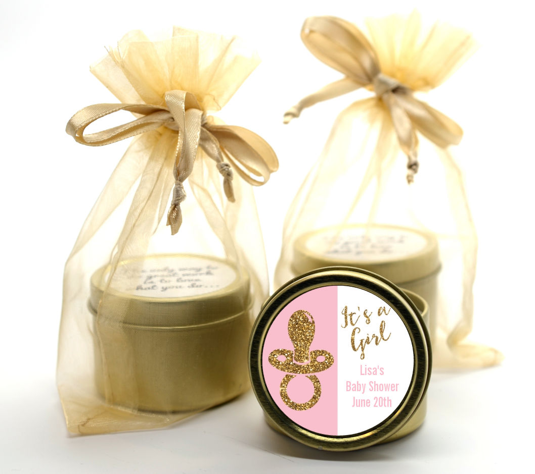 Gold Glitter Pink Pacifier - Baby Shower Gold Tin Candle Favors