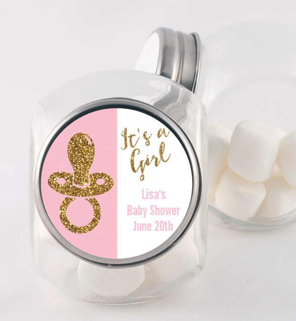 Gold Glitter Pink Pacifier - Personalized Baby Shower Candy Jar