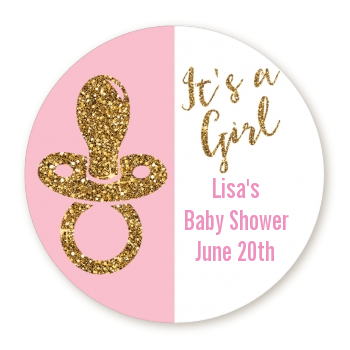 Gold Glitter Pink Pacifier - Round Personalized Baby Shower Sticker Labels