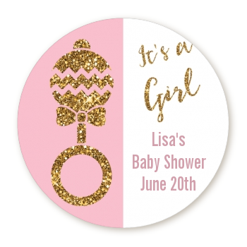 Gold Glitter Pink Rattle - Round Personalized Baby Shower Sticker Labels