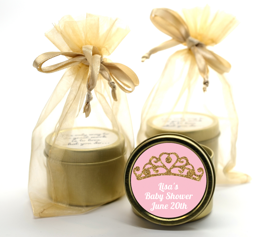Gold Glitter Pink Tiara - Baby Shower Gold Tin Candle Favors