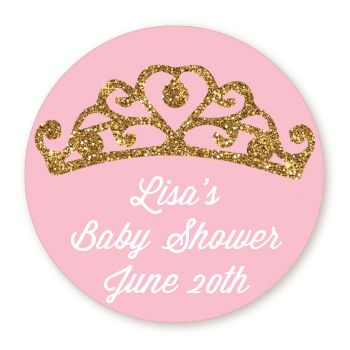 Gold Glitter Pink Tiara - Round Personalized Baby Shower Sticker Labels