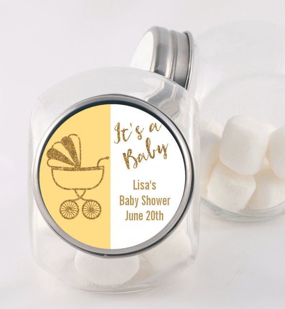 Gold Glitter Yellow Carriage - Personalized Baby Shower Candy Jar