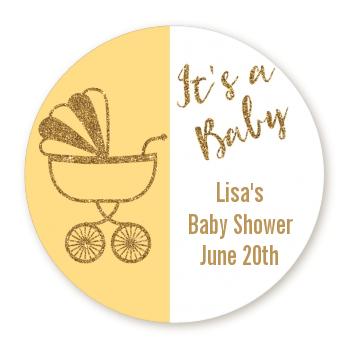 Gold Glitter Yellow Carriage - Round Personalized Baby Shower Sticker Labels