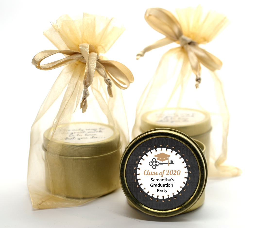 Grad Keys to Success - Graduation Party Gold Tin Candle Favors