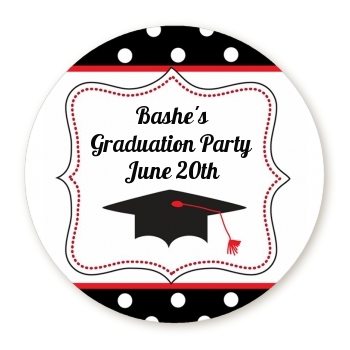 Graduation Cap Black & Red - Round Personalized Graduation Party Sticker Labels